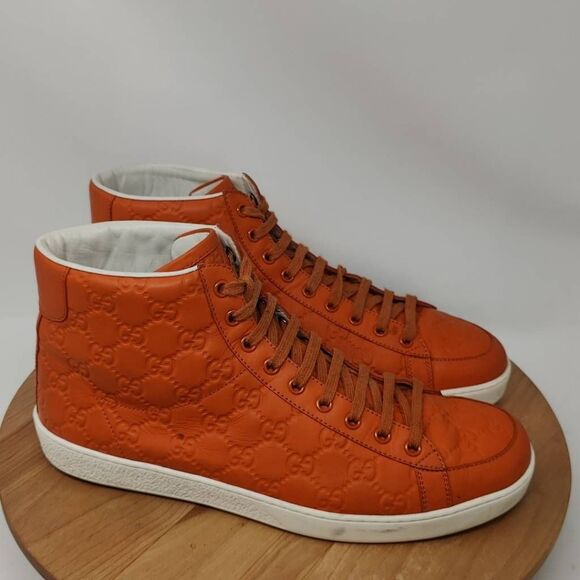 Gucci GG Embossed Monogram Leather High Top Sneakers- Mens- Size 9.5- Orange - Picture 1 of 12